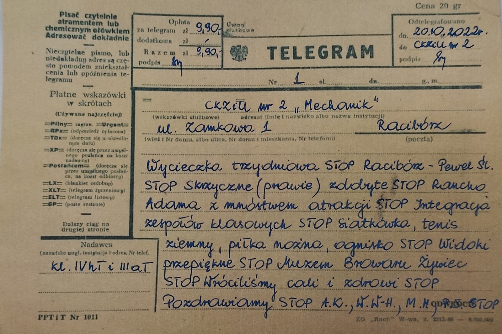 Telegram z wycieczki